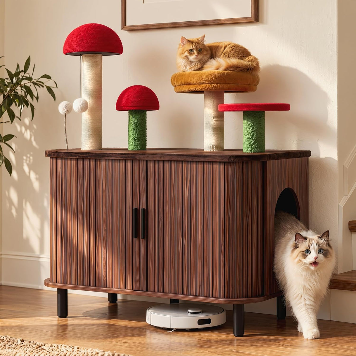 IRONCK Cat Litter Box Enclosure with Mushroom Cat Tree