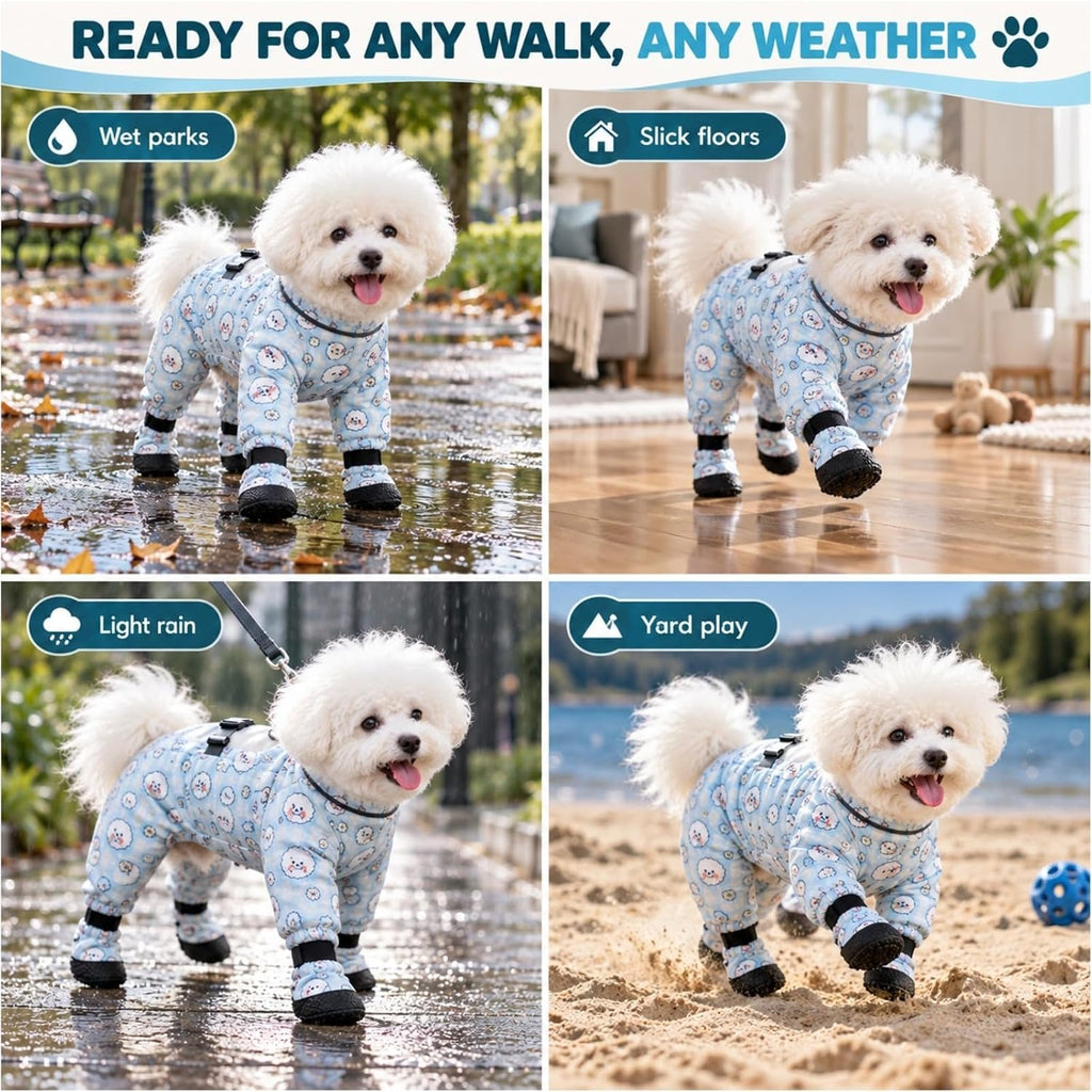 Dog Bodysuit with Shoes Dirtproof Onesie Anti-Slip Paw Protection (Blue,Medium)