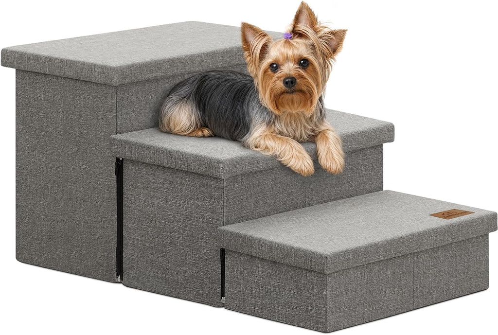 Zerbuger 3 Step Dog Stairs with Storage, 18" High Folding Pet Steps, Grey