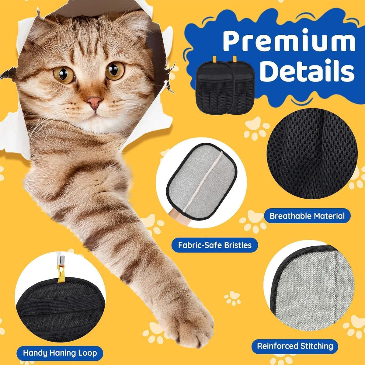 Pet Hair Removal Glove for Dogs & Cats, 2 Packs Five-Finger Grip, Black