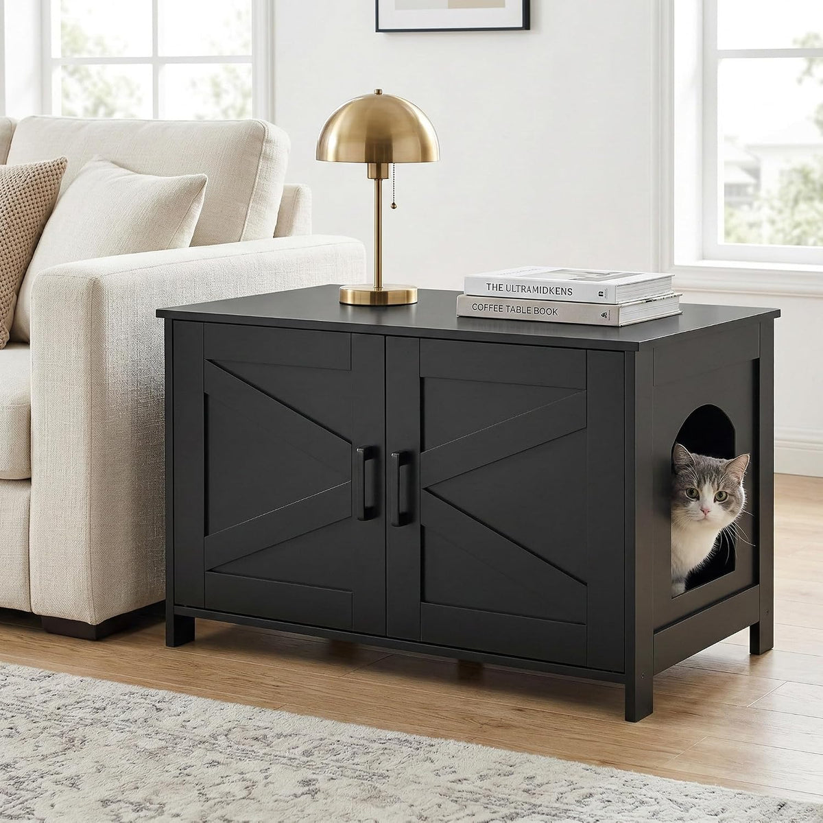 31.5"L Cat Litter Box Enclosure with Barn Door, Black