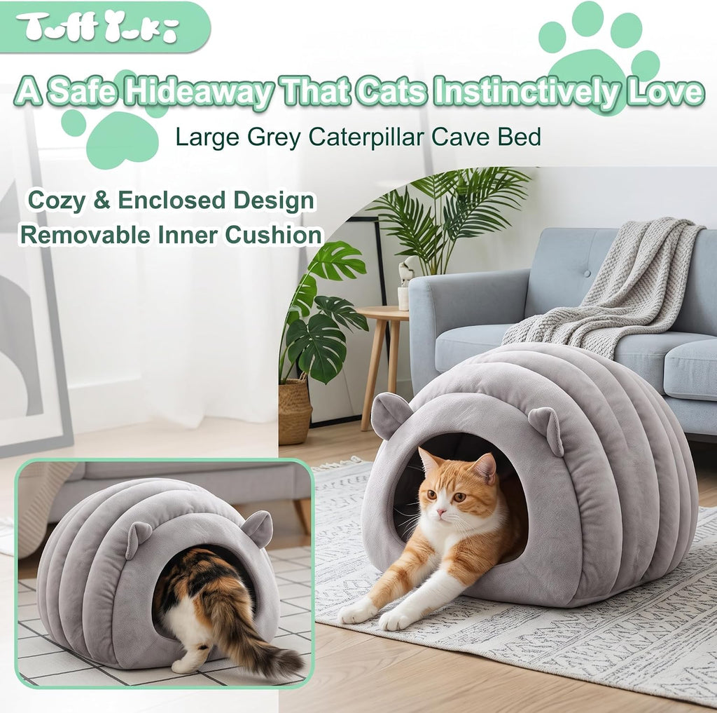 Cat Cave Bed, Orthopedic Memory Foam Anti Anxiety Cat Bed for Indoor Cats, Cozy Plush Caterpillar Tunnel Cat Bed, Non Sl