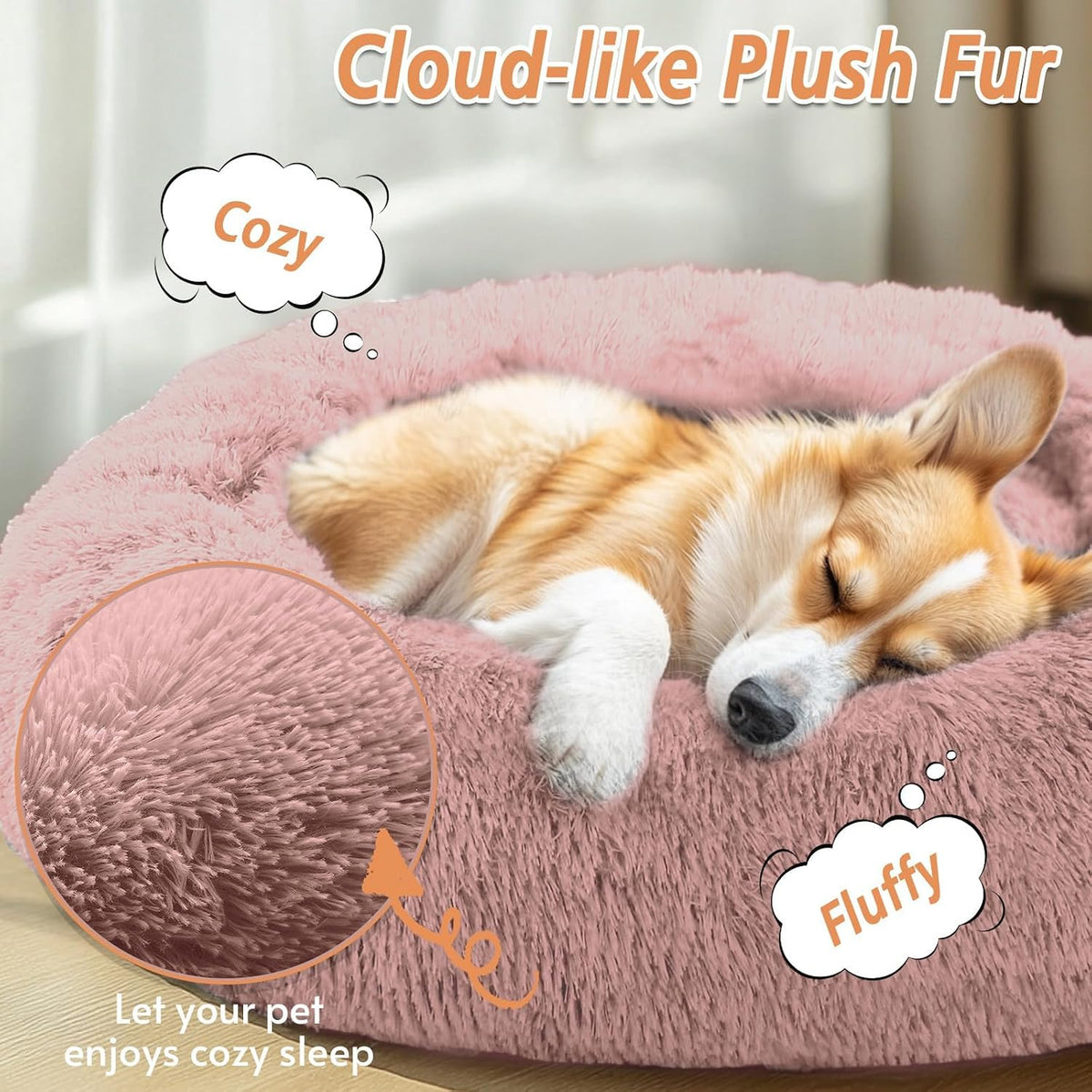 JOLLYVOGUE Calming Dog Bed Medium Size Dog, Anti-Anxiety Donut Medium Pet Bed, 27 inches Fluffy Faux Fur Round Cat Bed (