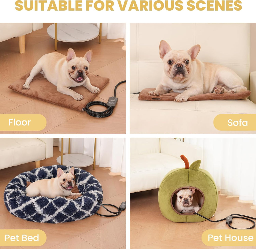 Dog Heating Pad, Heated Cat&Dog Bed, 5 Temps & Timer, Safety Listed, Brown