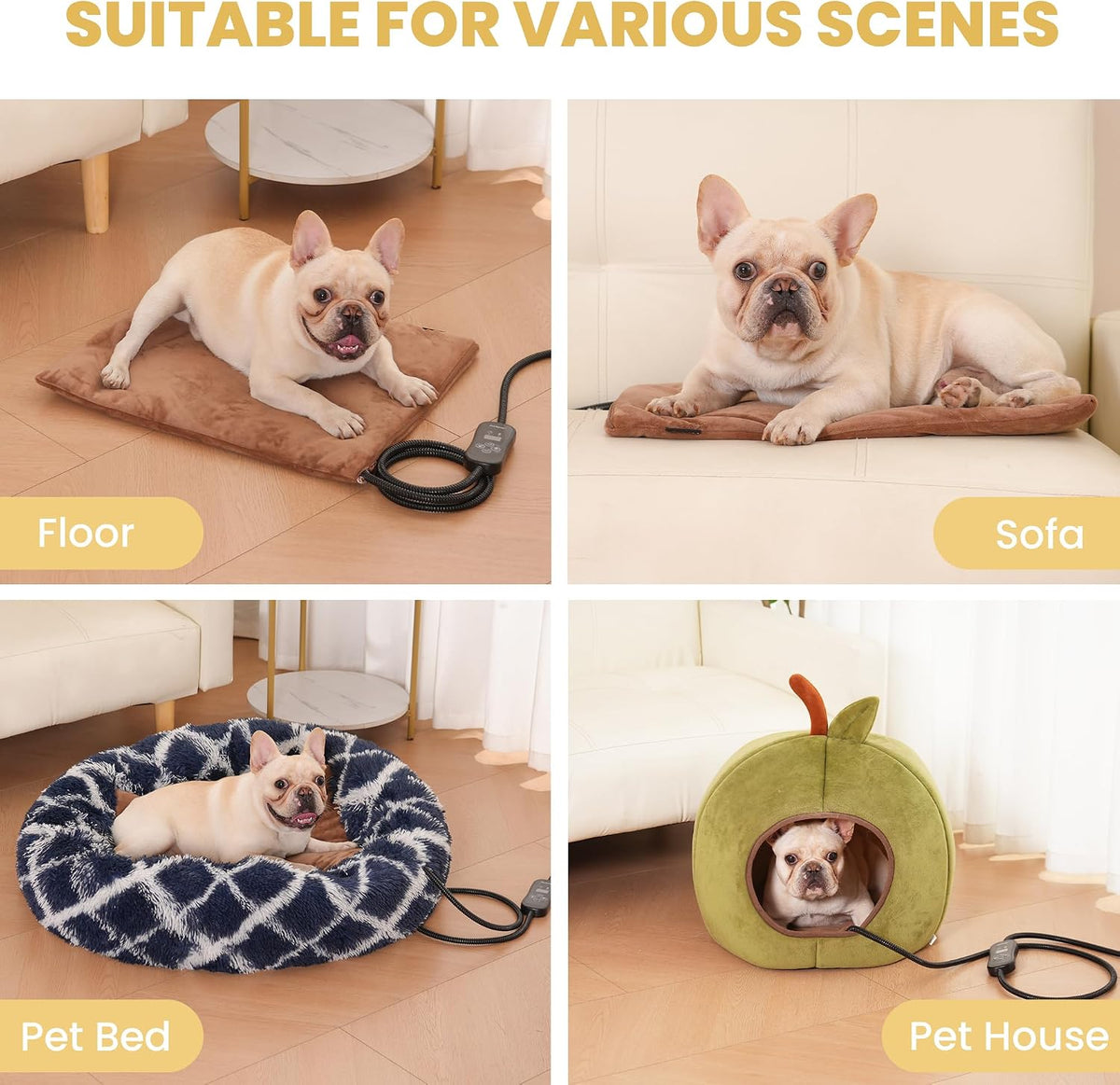 Dog Heating Pad, Heated Cat&Dog Bed, 5 Temps & Timer, Safety Listed, Brown