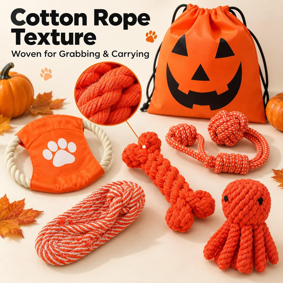 Halloween Rope Dog Toys 5-Piece Set with Pumpkin Ghost Bag