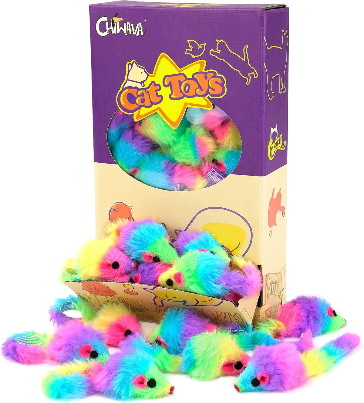 CHIWAVA 36PCS 1.8" Rainbow Color Furry Cat Toy Mice with Rattle Kitten Play