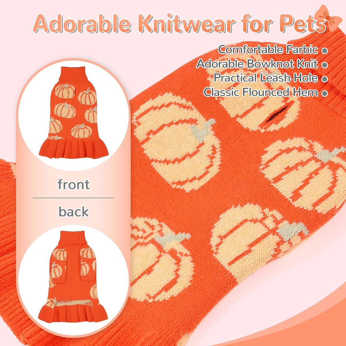 Bowknot Dog Sweater Dress for Small Dogs Girl, Stretchy Pet Clothes