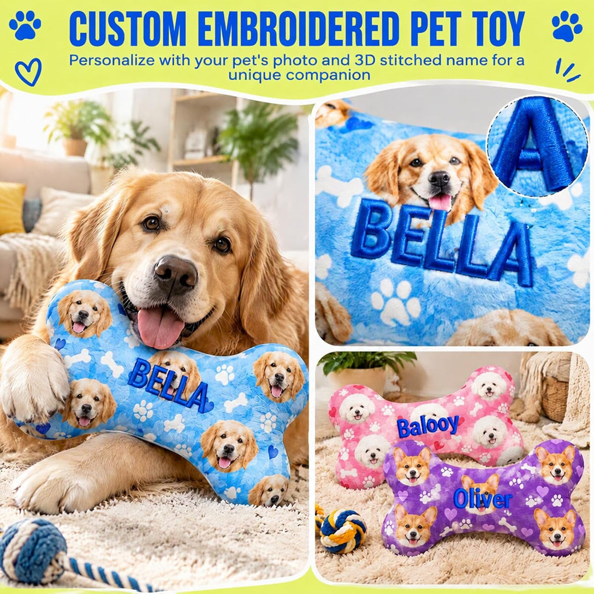 Personalized dog bone toy, embroidered pet name plush stuffed gift