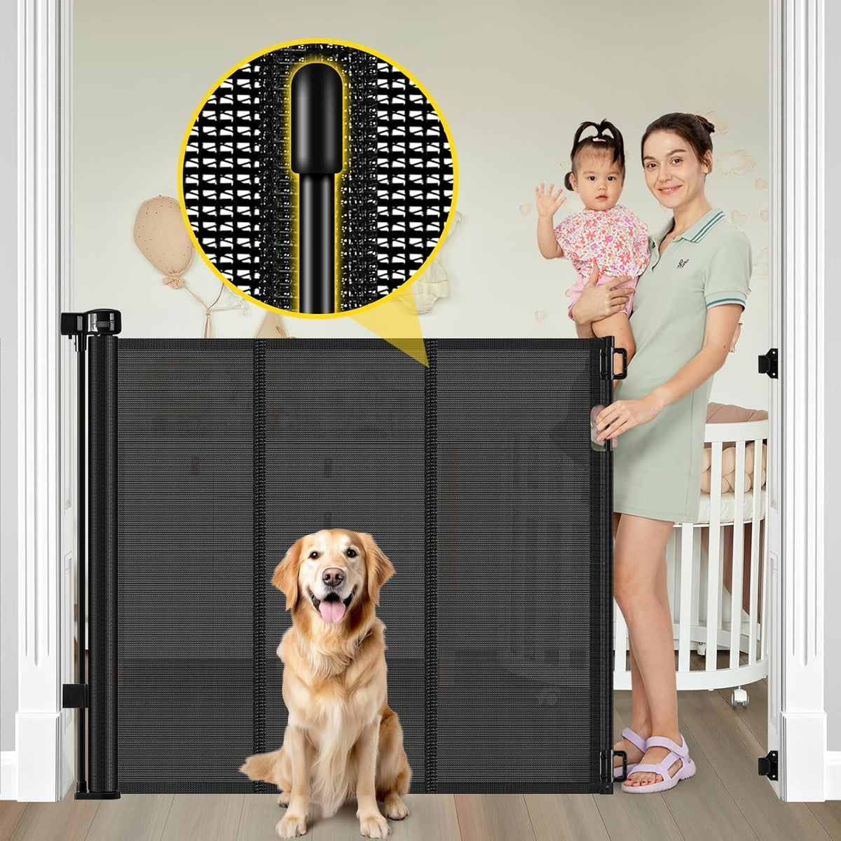 Reinforced 42" Extra Tall Retractable Baby Gates, Extends up to 60" Wide