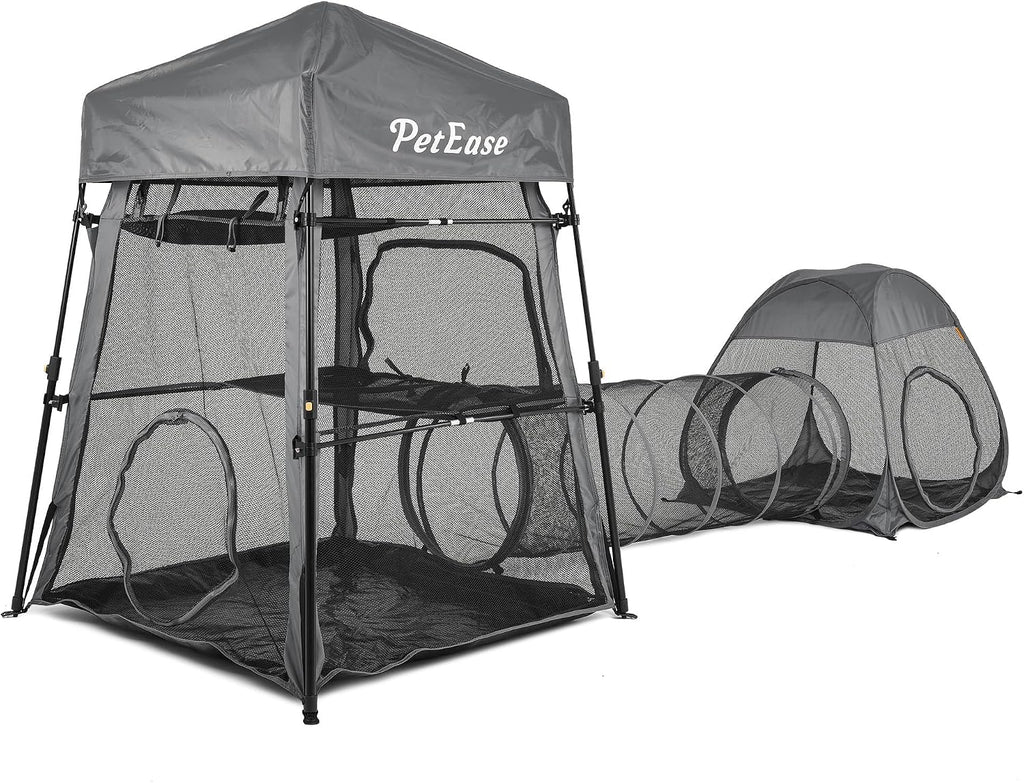 Catio Outdoor Cat Enclosure, 3-in-1 Extra Large Portable Cat Playpen with Tower Tent & Tunnel, Foldable Waterproof Mesh 