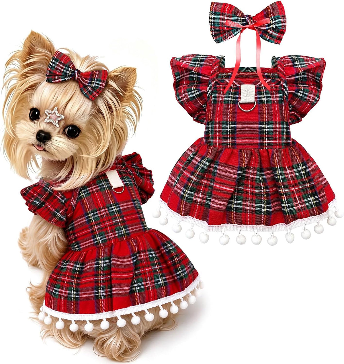 Plaid Small Dog Cat Christmas Dress Outfits with Bow & Leash D-Ring,Soft Breathable Cute Ruffle Xmas Puppy Clothes Girl,