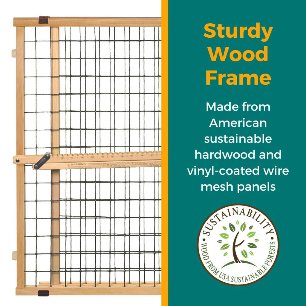 MYPET Wire Mesh Dog Gate: 29.5"-50" Wide, Pressure Mounted with No Tools; Expandable, Durable Pet Gates for Doors and Hallways, 31" Tall, Made with Sustainable Hardwood