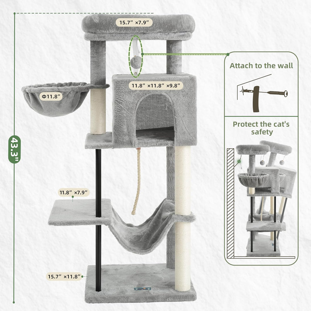Cat Tree, 43.3'' Cat Tower with Hammock for Kittens GCT004SW