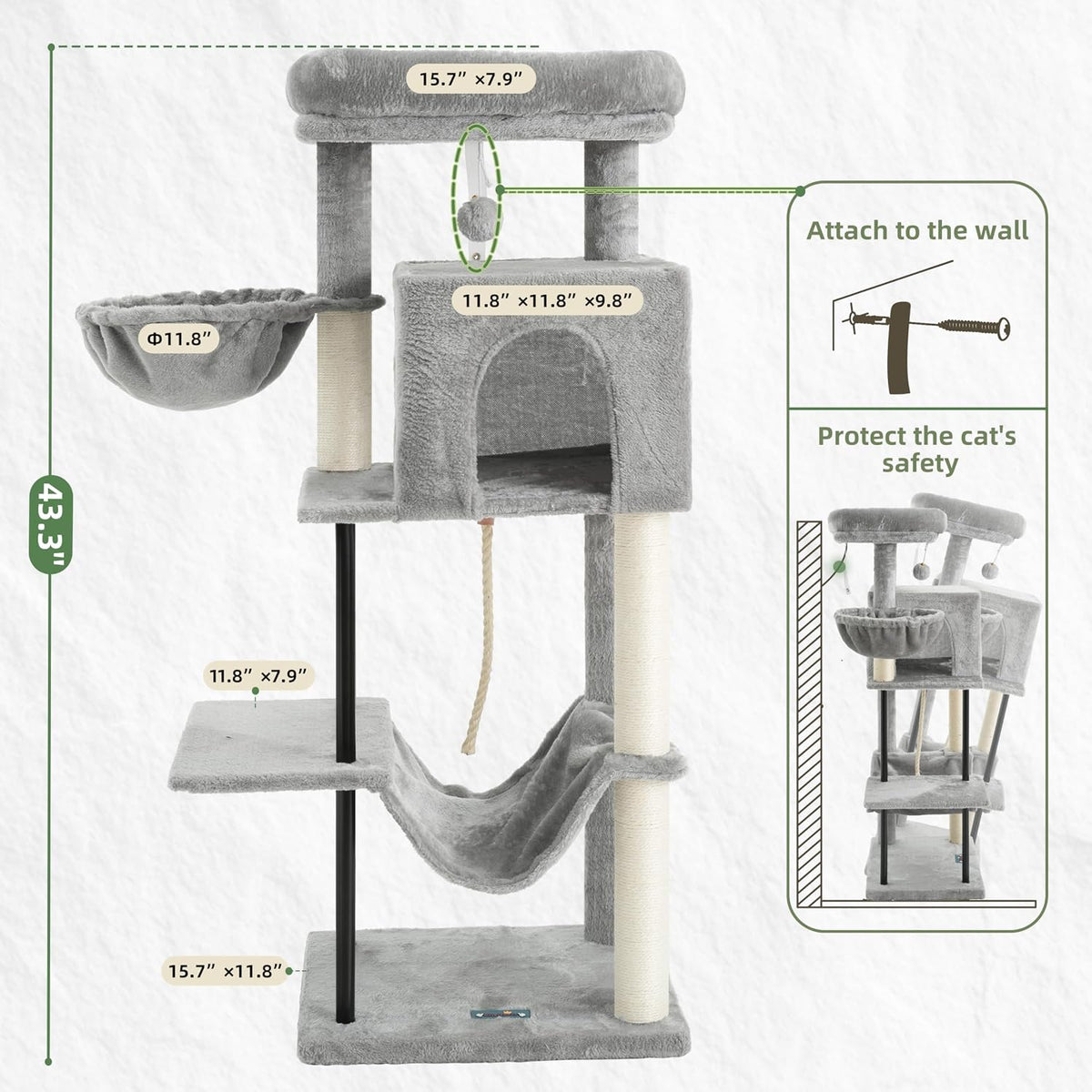 Cat Tree, 43.3'' Cat Tower with Hammock for Kittens GCT004SW