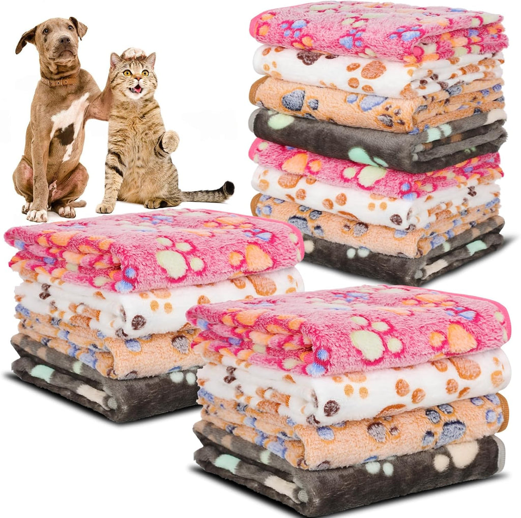 12 Pcs Small Dog Blanket Fleece Puppy Blankets Washable Pet Blankets for Cats Soft Flannel Paw Printed Throw for Guinea 