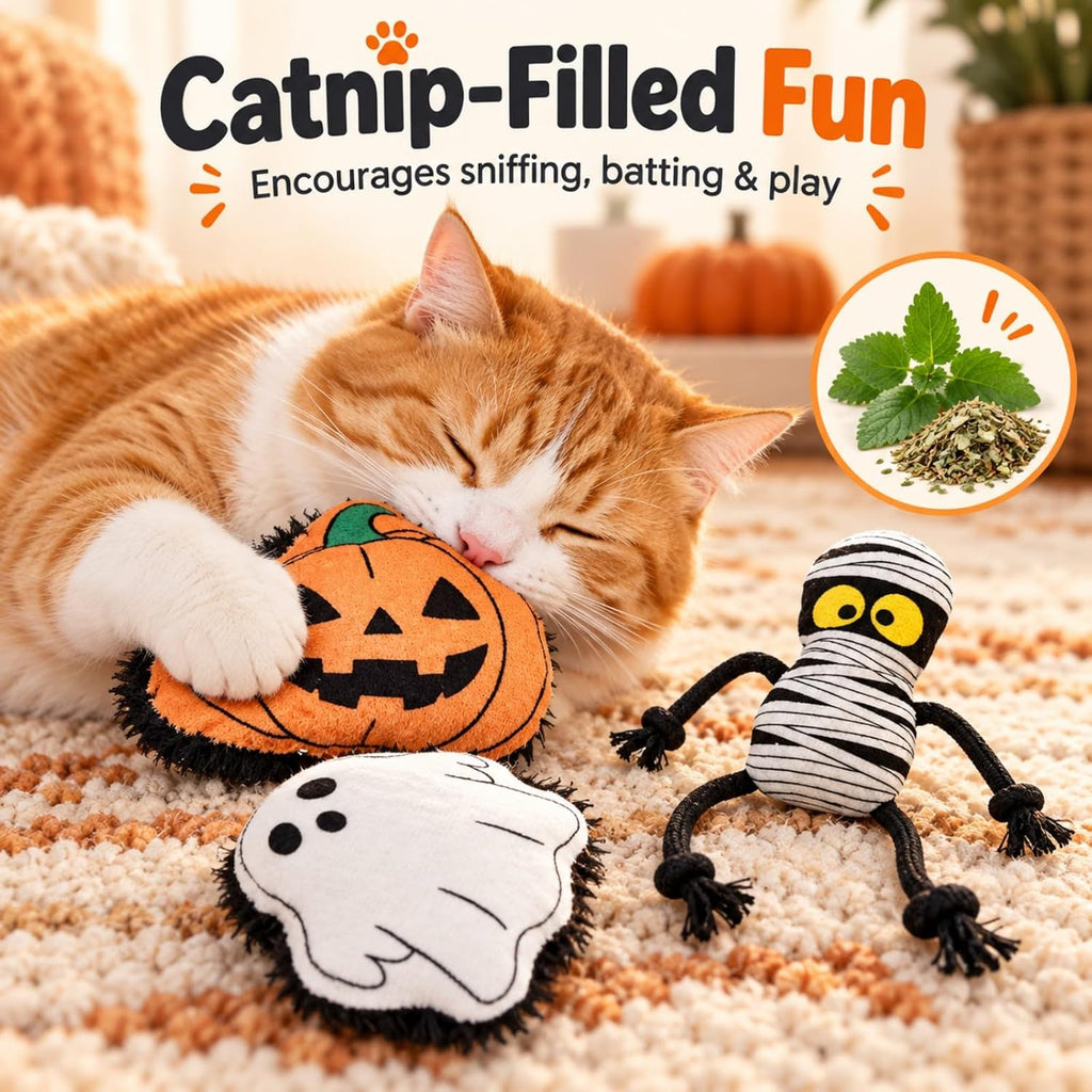 Catnip Cat Toys, Halloween Ghost Pumpkin and Mummy Plush Toys, 3 Pack