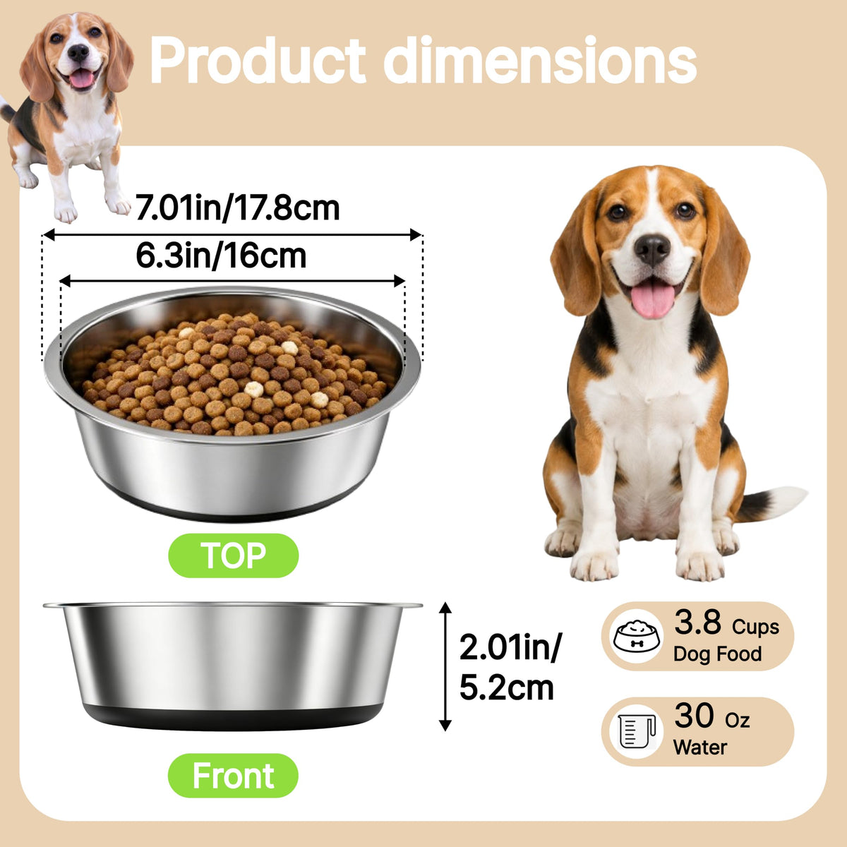 KISENG Stainless Steel Dog Bowls, 3.8 Cup, 2 Pack, Non-Slip & Durable