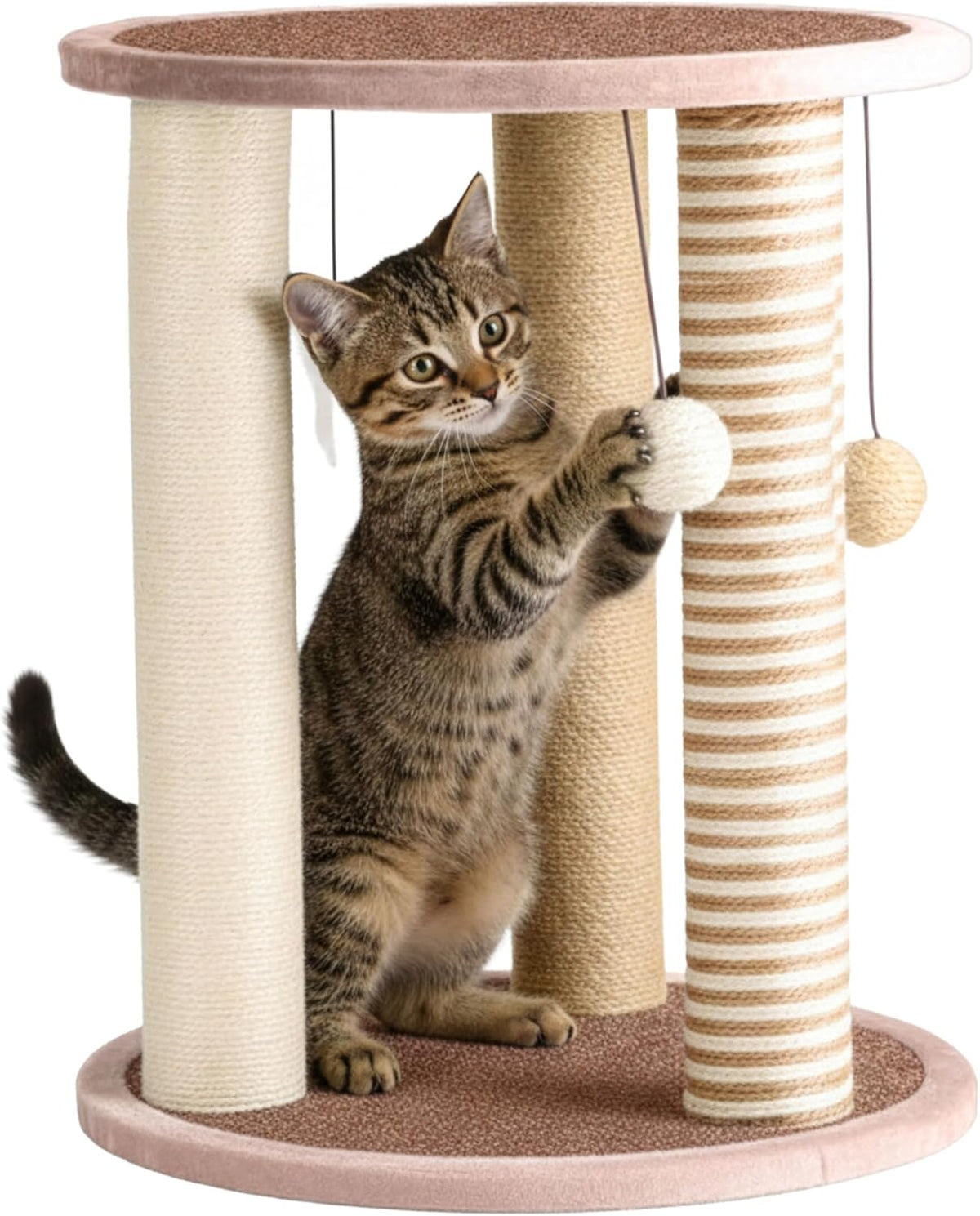 Cat Scratching Post - 3 Scratcher Posts with Carpeted Base Play Area and Perch - Furniture Scratching Deterrent for Indo