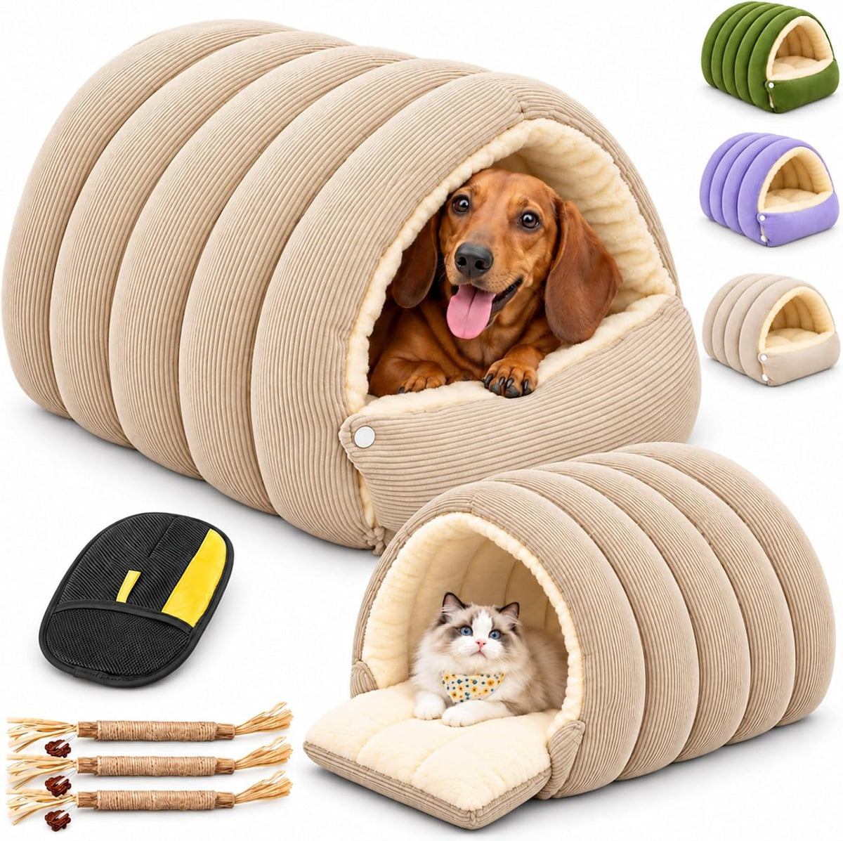 Upgrade Dog Cave Bed for Small Dogs and Cats, Covered Pet Bed with Plush Interior and Ribbed Exterior, Cozy Indoor Hidea