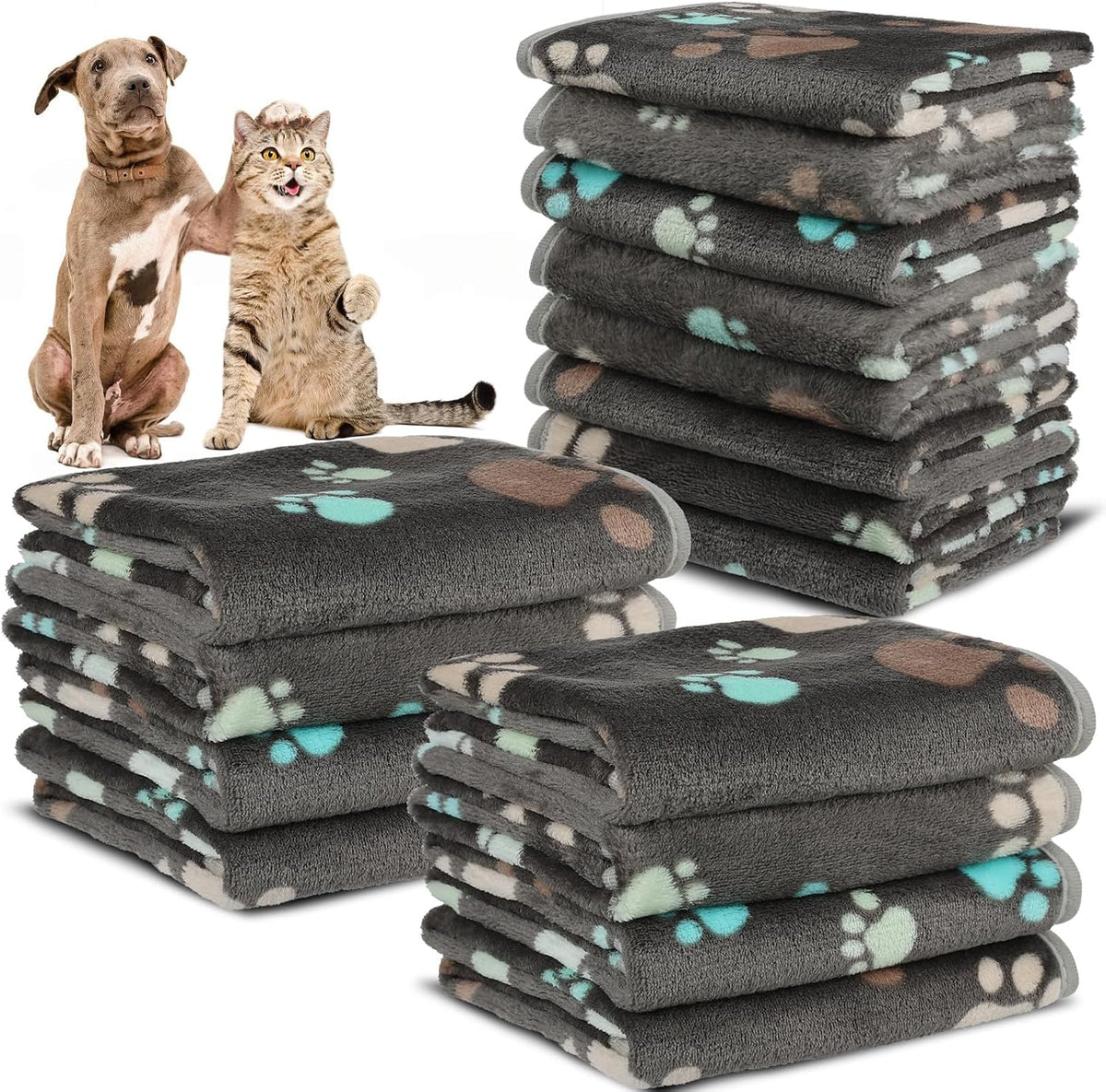 12 Pcs Small Dog Blanket Fleece Puppy Blankets Washable Pet Blankets for Cats Soft Flannel Paw Printed Throw for Guinea 