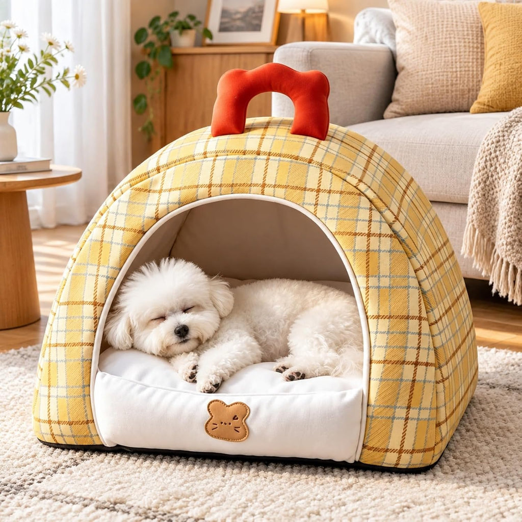 Small Dog House Indoor with Carry Handle & Washable Pad,Pet Cave Bed，Pink：L