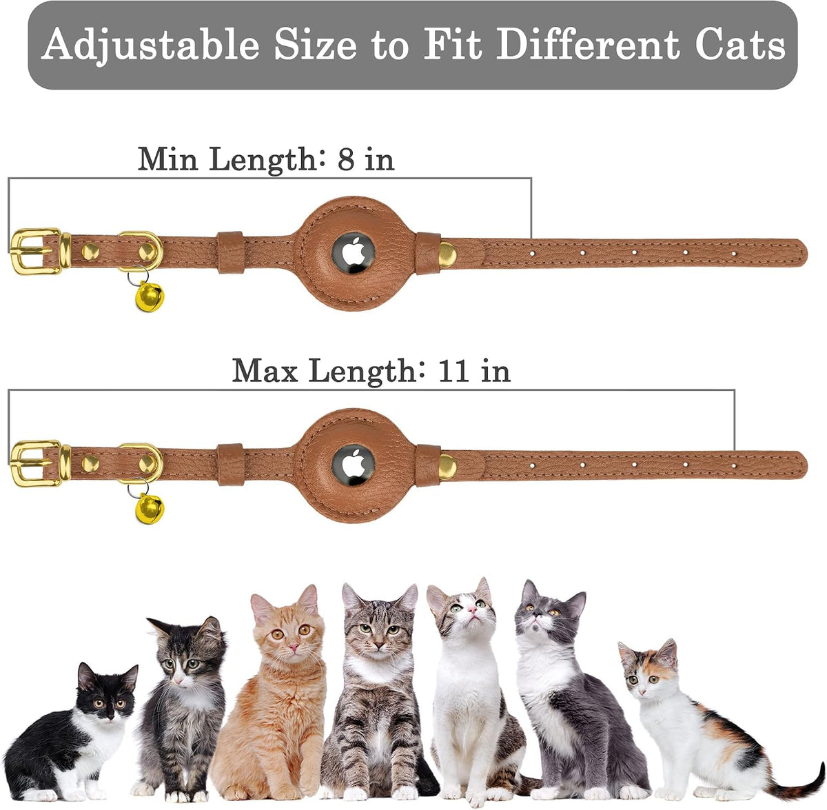 OOPSDOGGY Leather AirTag Cat Collar with Bell - Non Breakaway Kitten Collar with Apple Air Tag Holder - Lightweight GPS 
