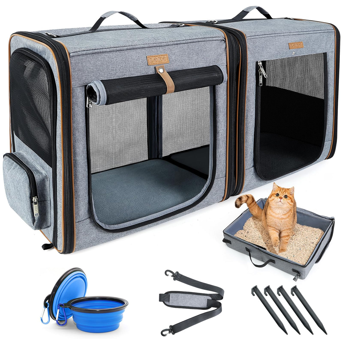 Lekereise Soft-Sided Large Cat Carrier for 2 Cats with Litter Box, 2-in-1 Double Travel Carrier for Moving & Long Road Trips, Zipper Locks Escape Proof, (17.7" x2) x16.5"x13" - Grey