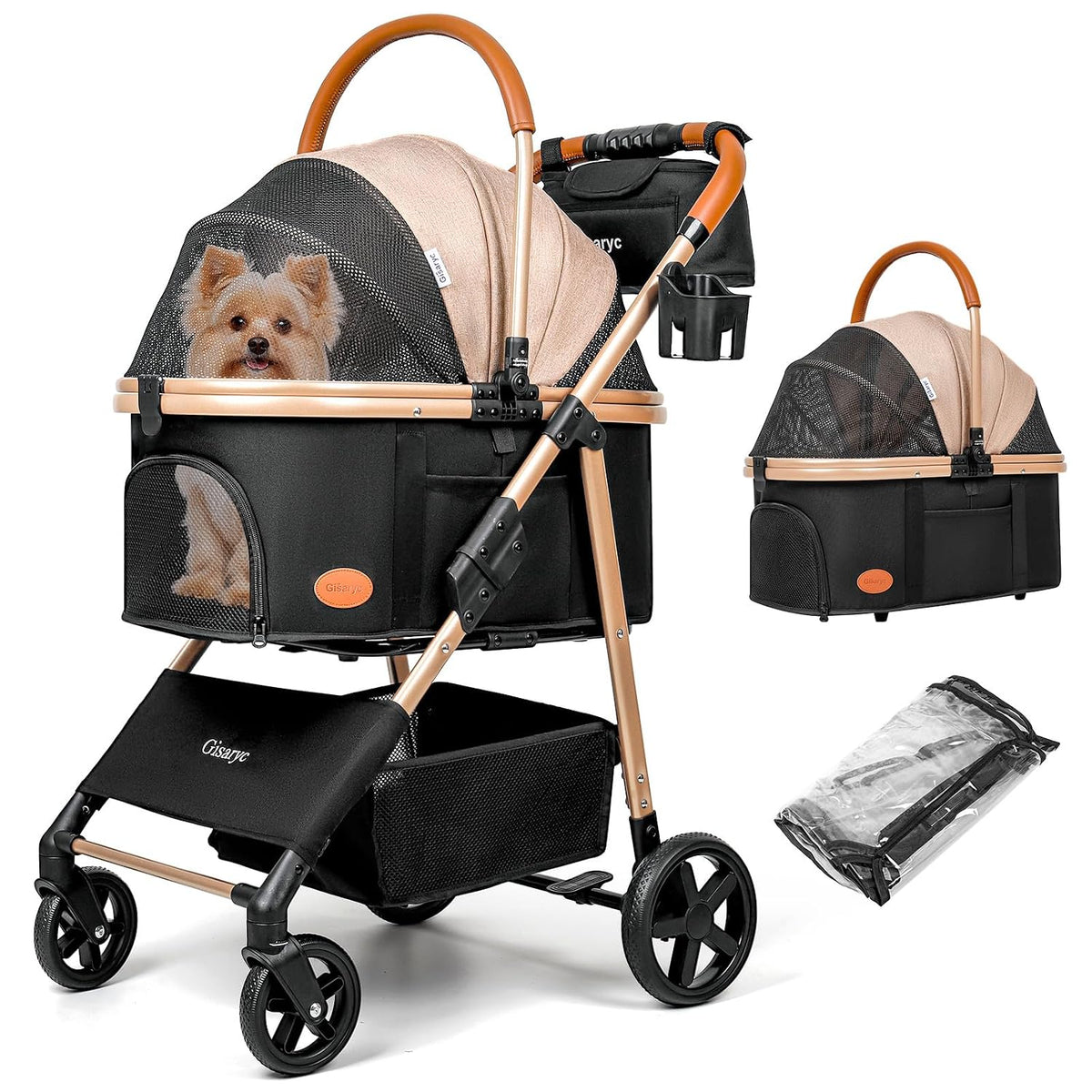 Dog Cat Stroller for Small/Medium Pets, 50 lbs, 3-in-1 Pet Stroller, Khaki