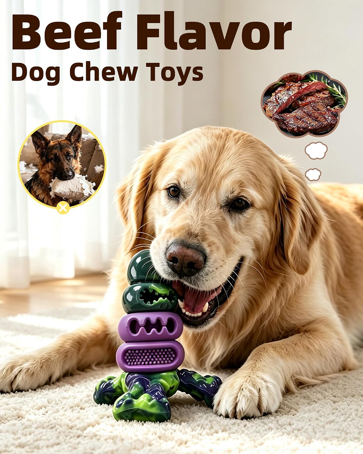Dog Toys for Aggressive Chewers, Indestructible Dog Chew Toy Beef Flavor