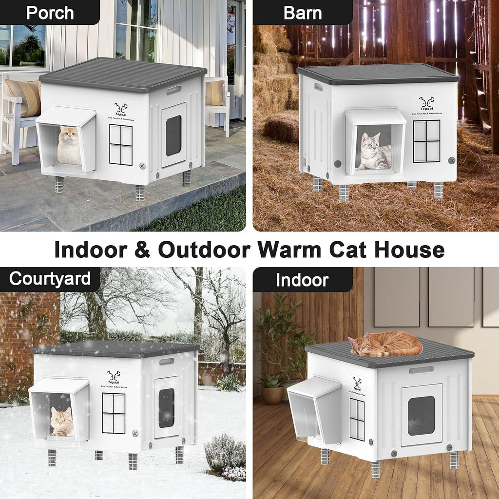 Heated Cat House for Outside, High Insulated Heated Outdoor Cat Shelter 100% Weatherproof with Escape Door, Elevated Out