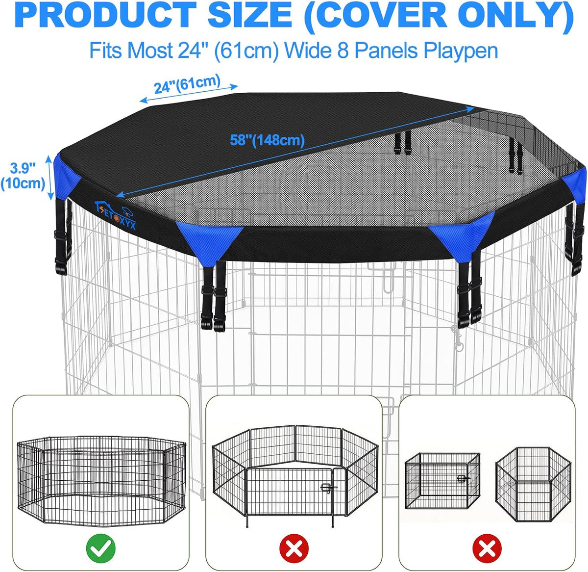 24'' Dog Pen Top Cover Only, Heavy Duty 840D Half Octagonal Mesh
