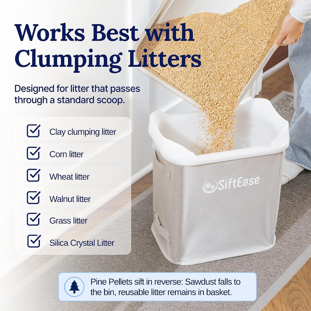SiftEase Cat Litter Sifter with Bin, Fast Scoop-Free Litter Box Cleaning