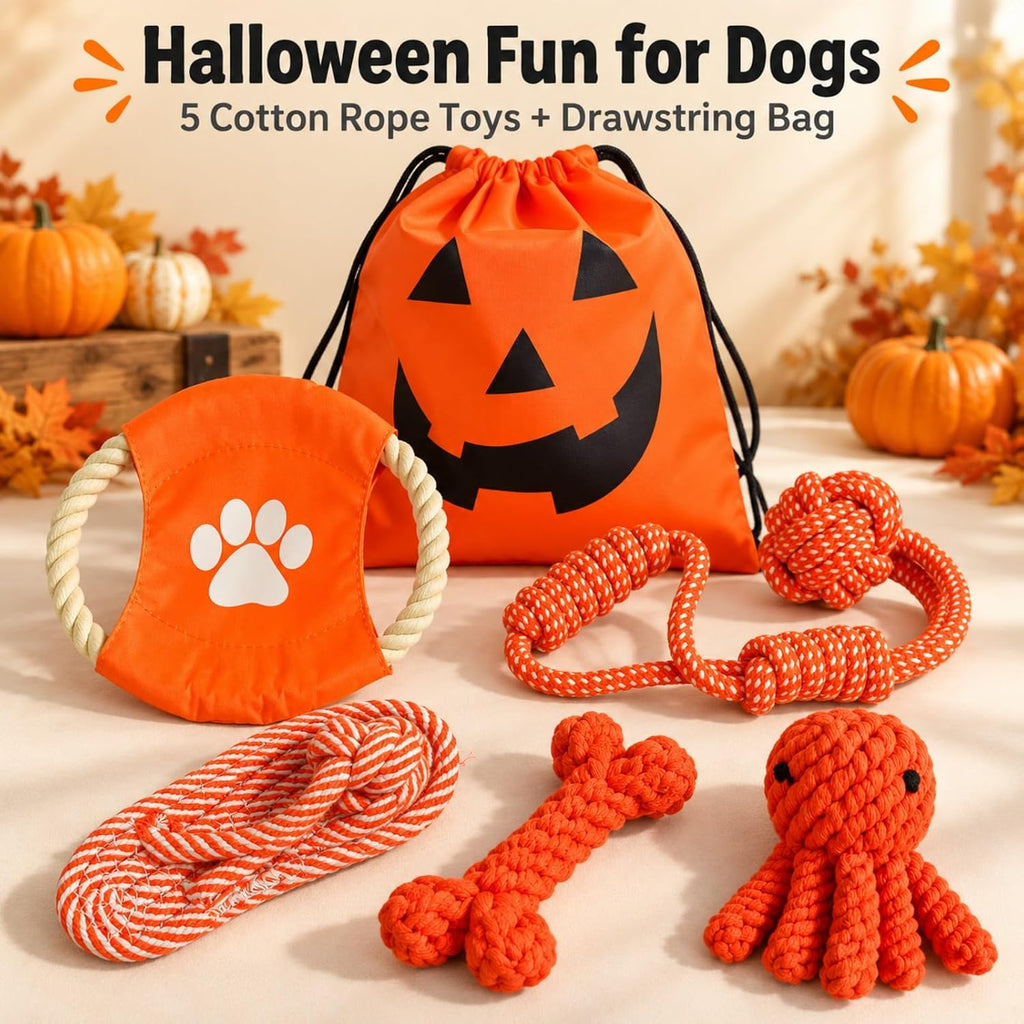 Halloween Rope Dog Toys 5-Piece Set with Pumpkin Ghost Bag