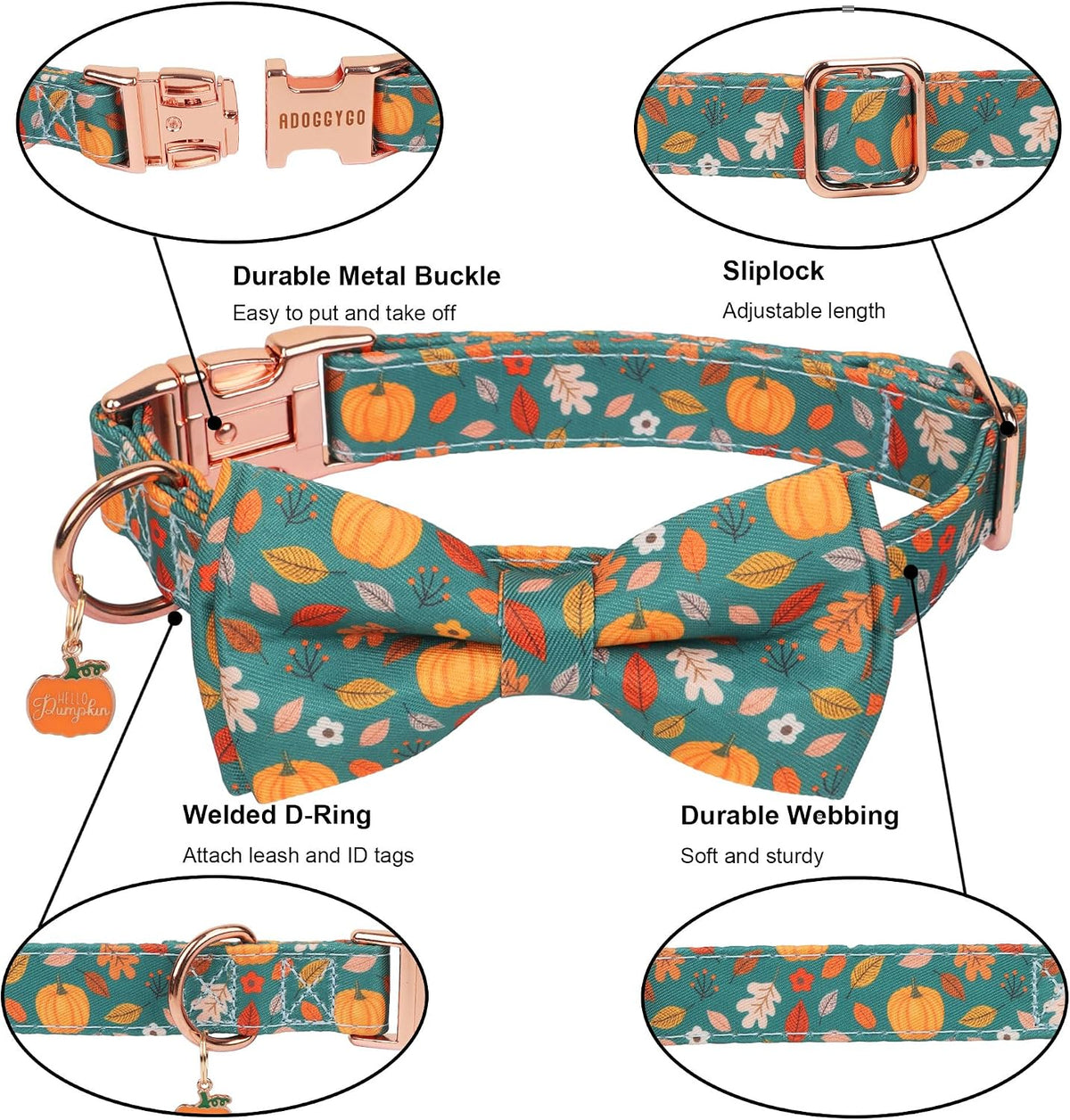 Fall Thanksgiving Dog Collar, Pumpkin Dog Bow Tie Collar, Small