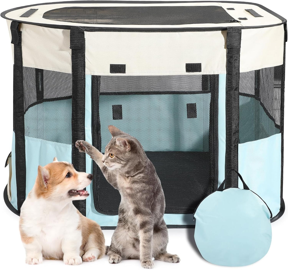 Portable Cat Playpen, Foldable Indoor Outdoor Pet Tent with 2 Areas