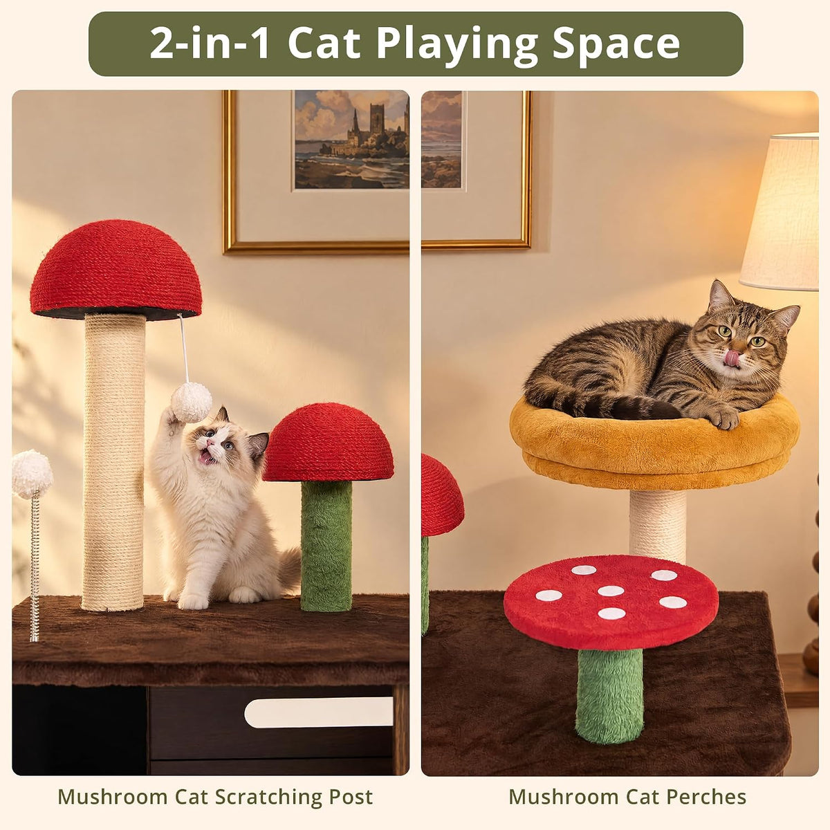 IRONCK Cat Litter Box Enclosure with Mushroom Cat Tree