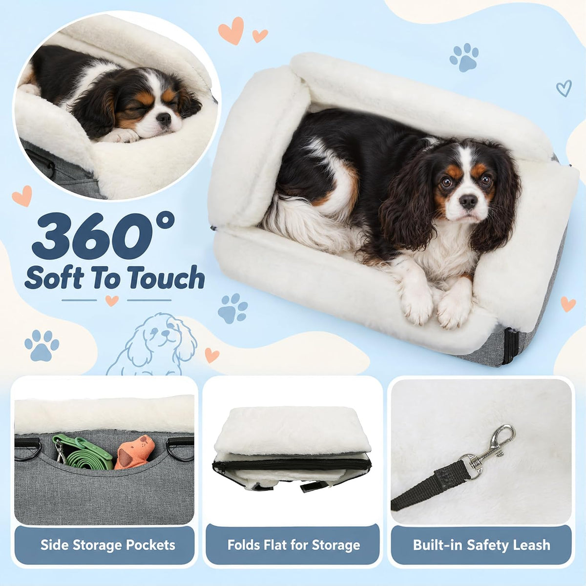 Dog Car Seat for Center Console, Foldable Pet Car Seat for Small Dogs Cats up to 10 lbs, Ultra-Soft Faux Rabbit Fur Pupp