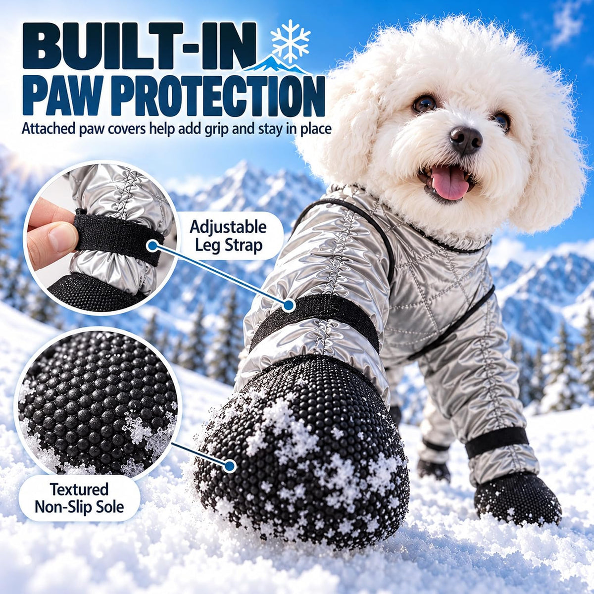 2027 New Dog Snowsuit with Attached Boots Full Body Winter Coat (Silver,Medium)