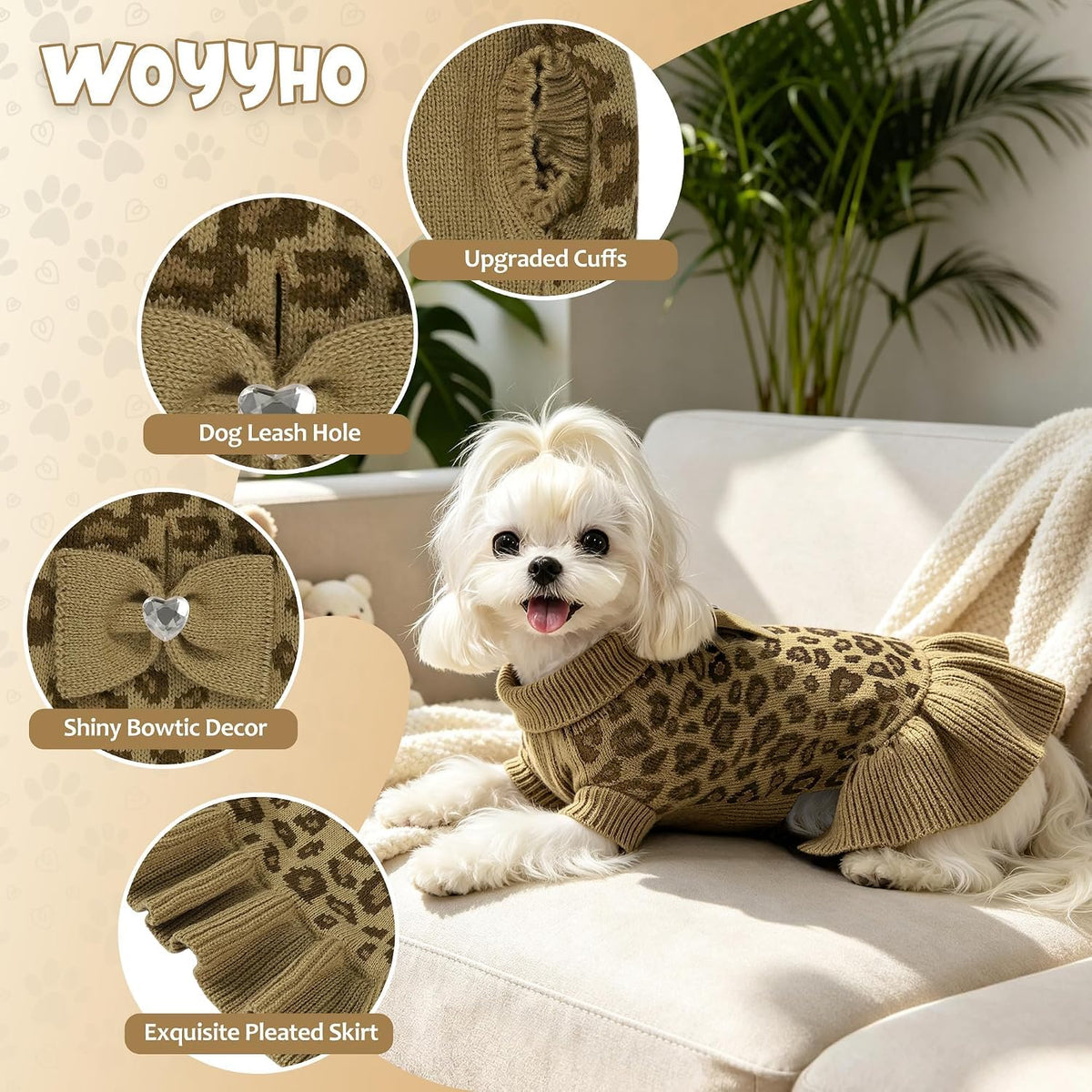 WOYYHO Small Dog Sweater Dress with Bowtie, Knitted Leopard Pet Dog Clothes