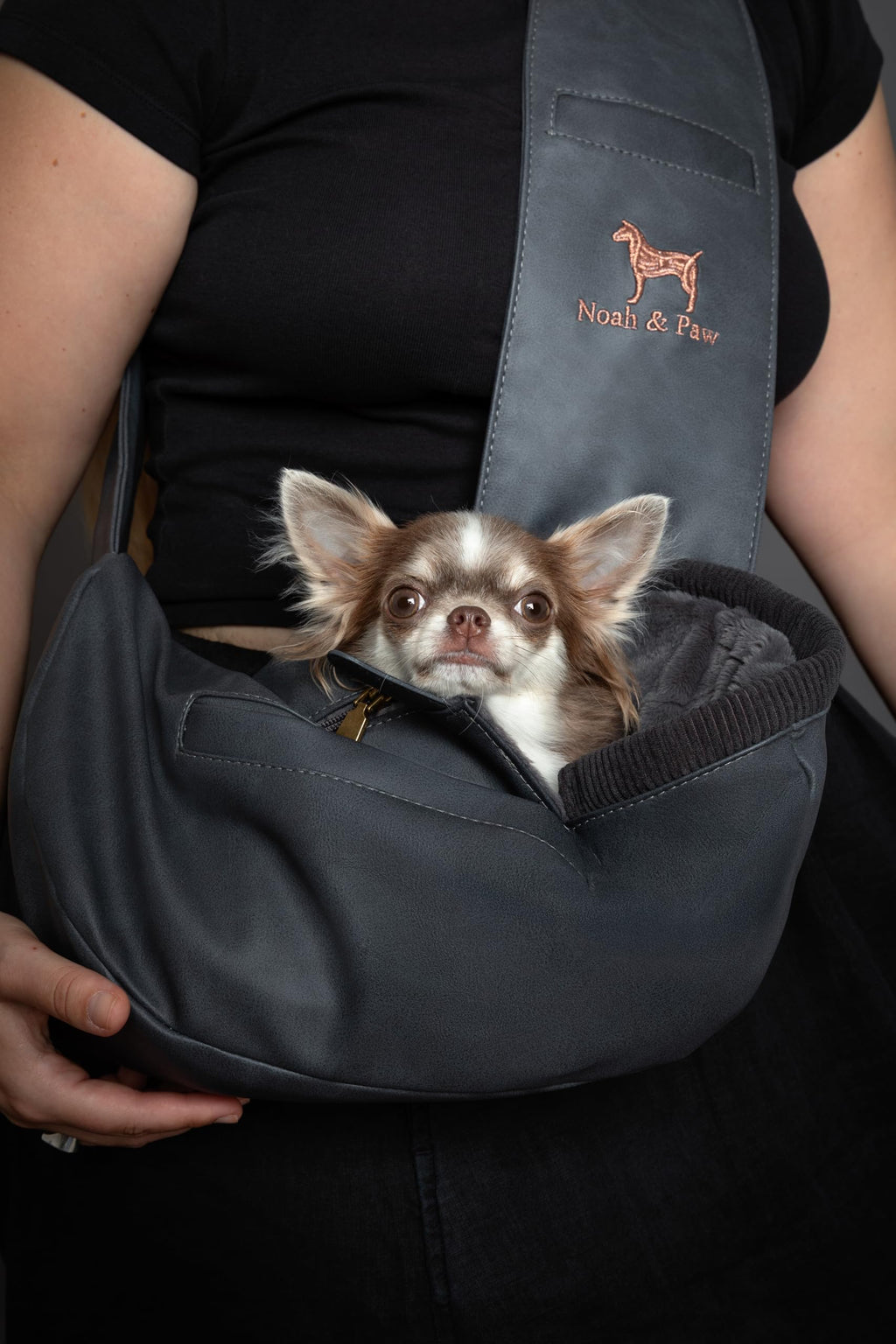 Noah & Paw Dog Sling Carrier for Dogs & Cats 3-10 lb (Faux Leather, Zipper)