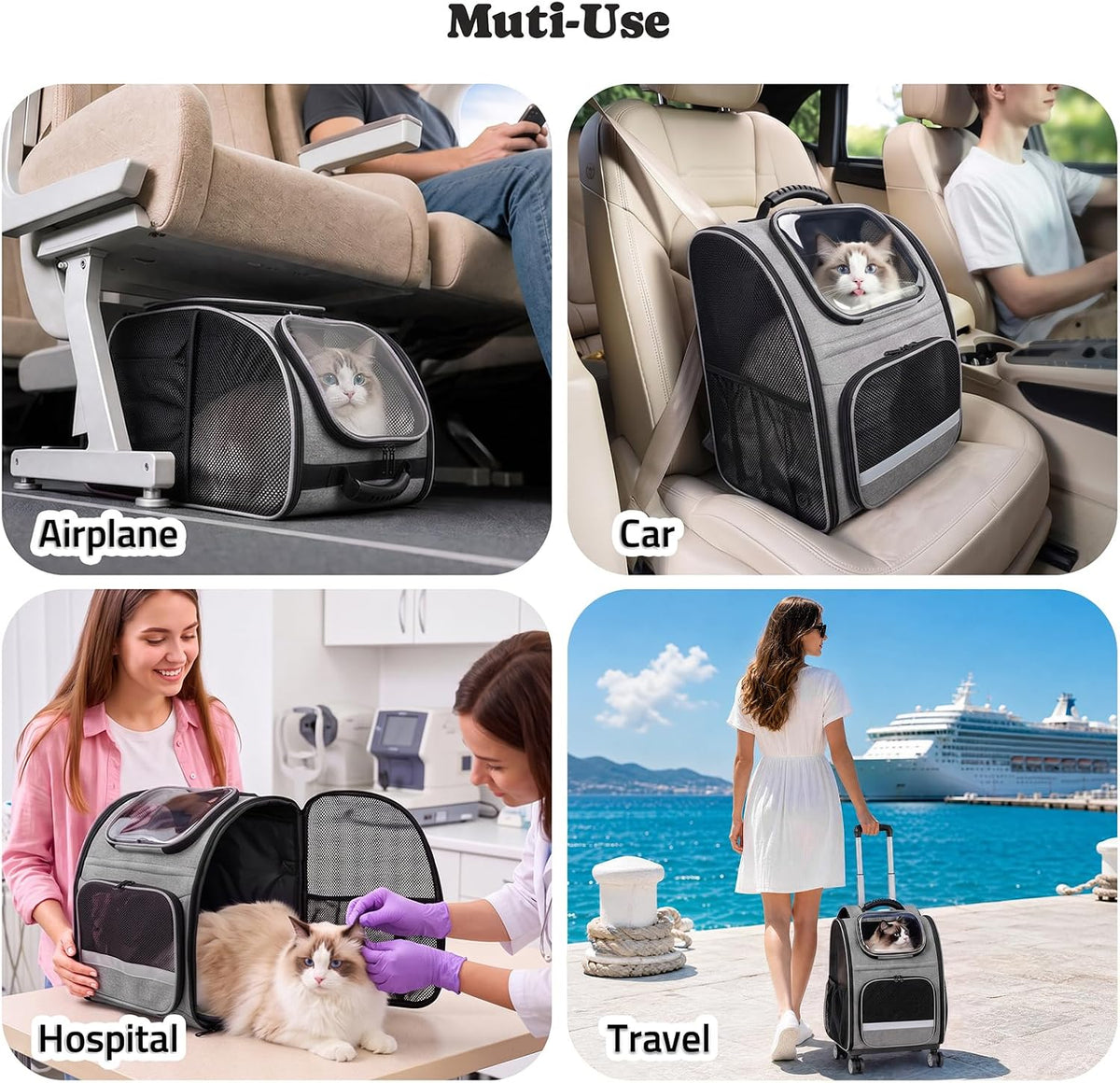Rolling Cat Carrier Backpack with Wheels for Cats Small Dogs, Gray