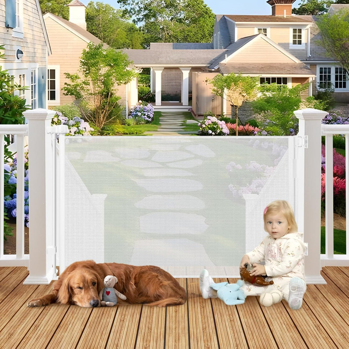 Weatherproof Outdoor Retractable Gate for Dogs, 55" Wide Outdoor Baby Gate