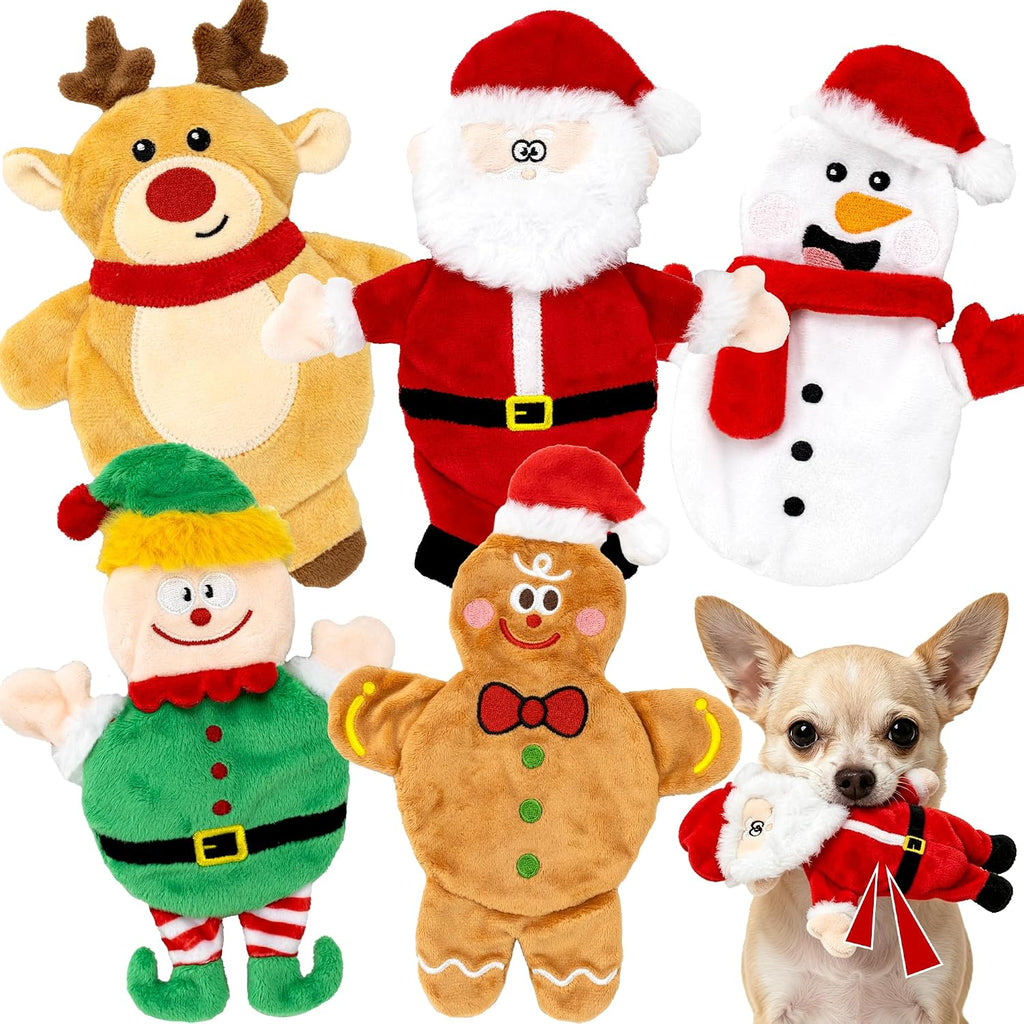 5 Pack Christmas Dog Toys for Small Medium Dogs, No Stuffing Plush Squeaky Dog Toys with Crinkle Paper, Holiday Santa Re