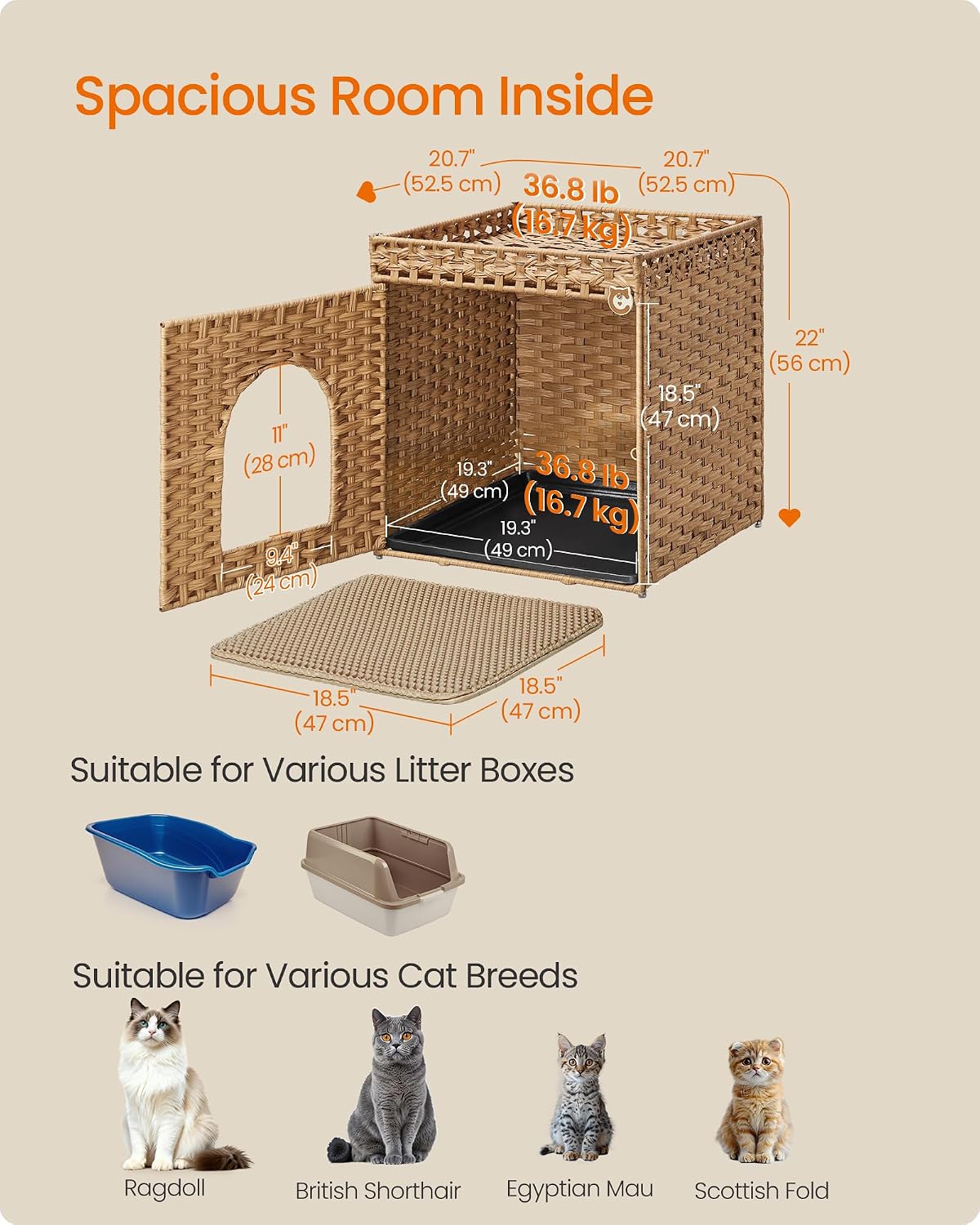 Feandrea Cat Litter Box Enclosure, Handwoven Rattan End Table, Extra Mat