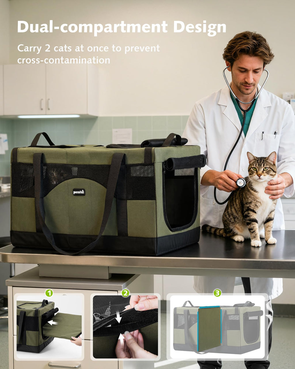Pecute Large Cat Carrier, Soft Double Pet Crate for 2 Cats Travel, Green