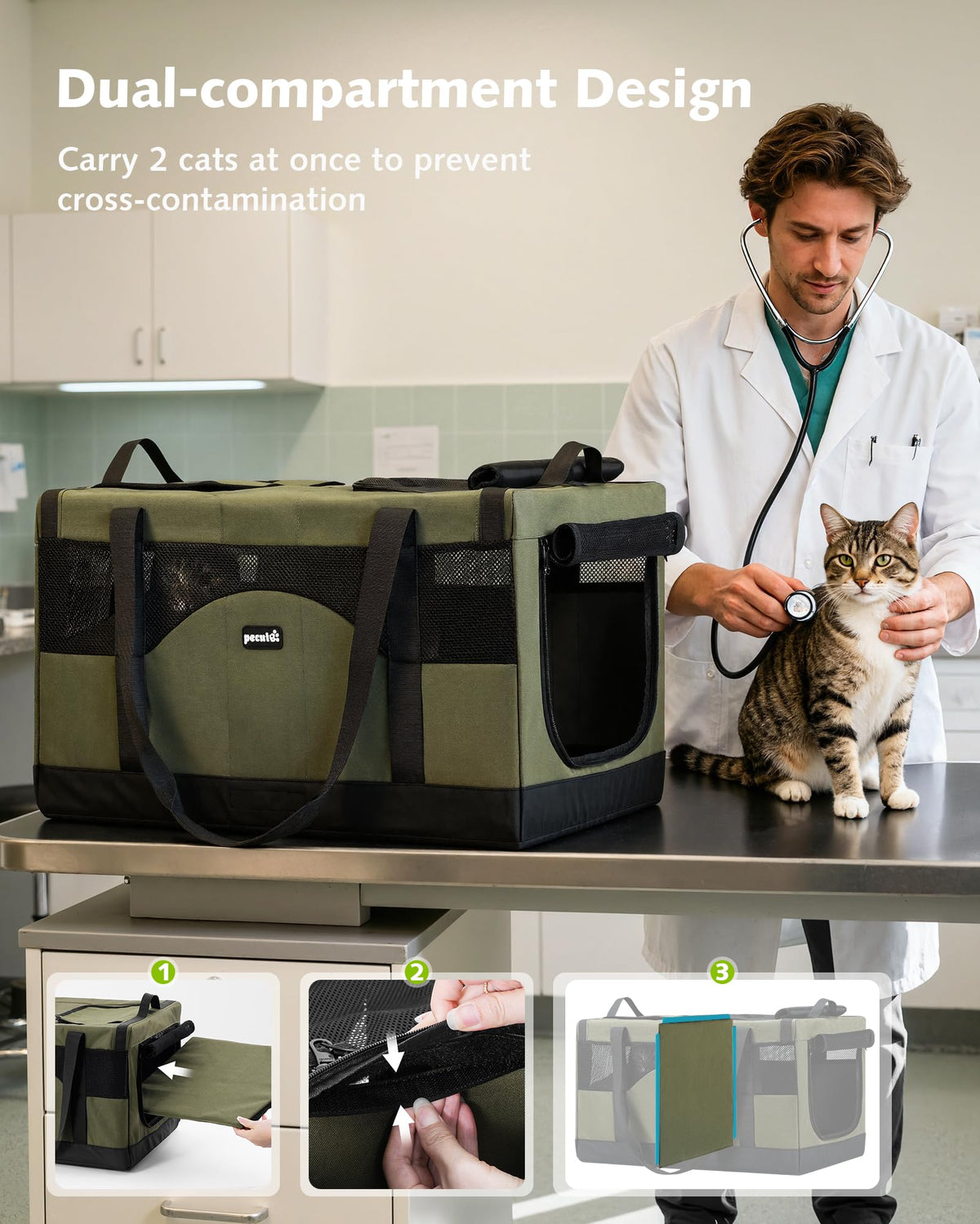 Pecute Large Cat Carrier, Soft Double Pet Crate for 2 Cats Travel, Green