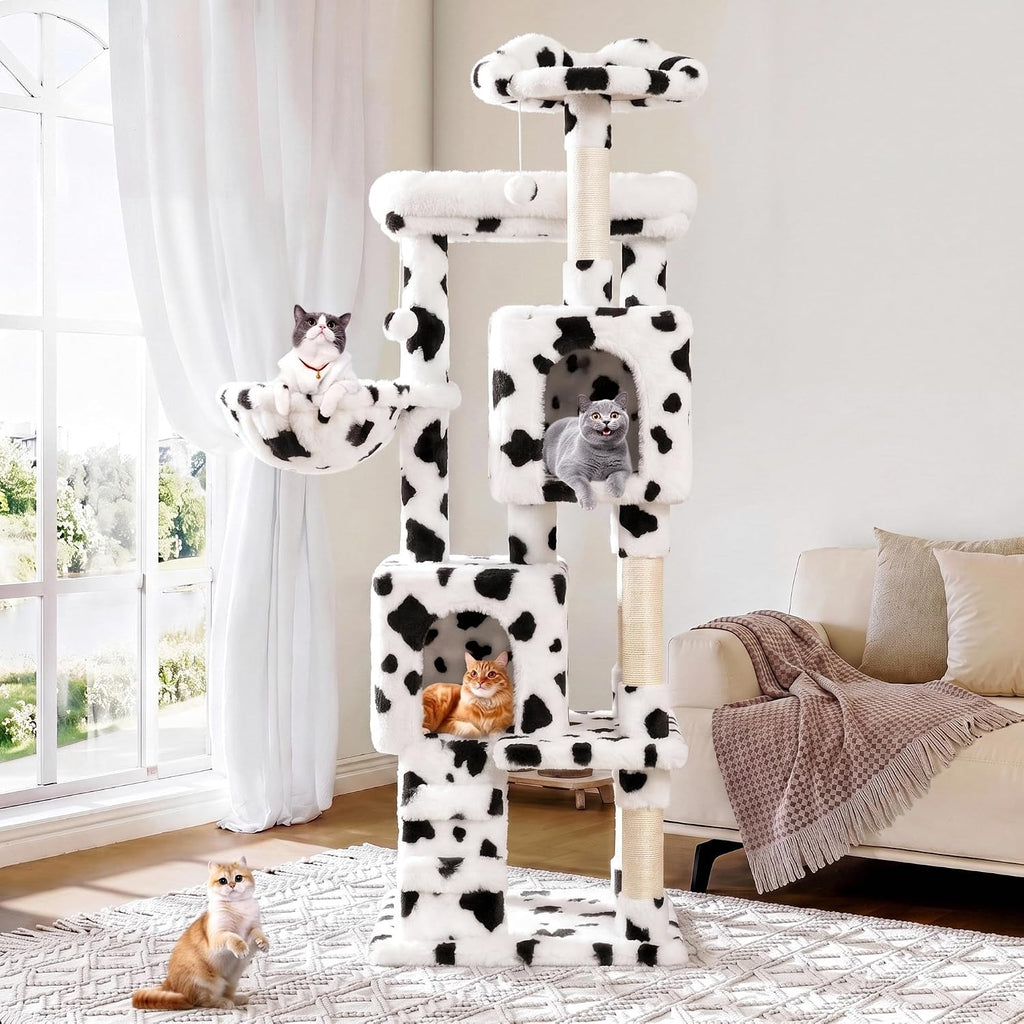 Allewie 64 Inches Multi-Level Cat Tree Tower for Indoor Cats, Cow Print