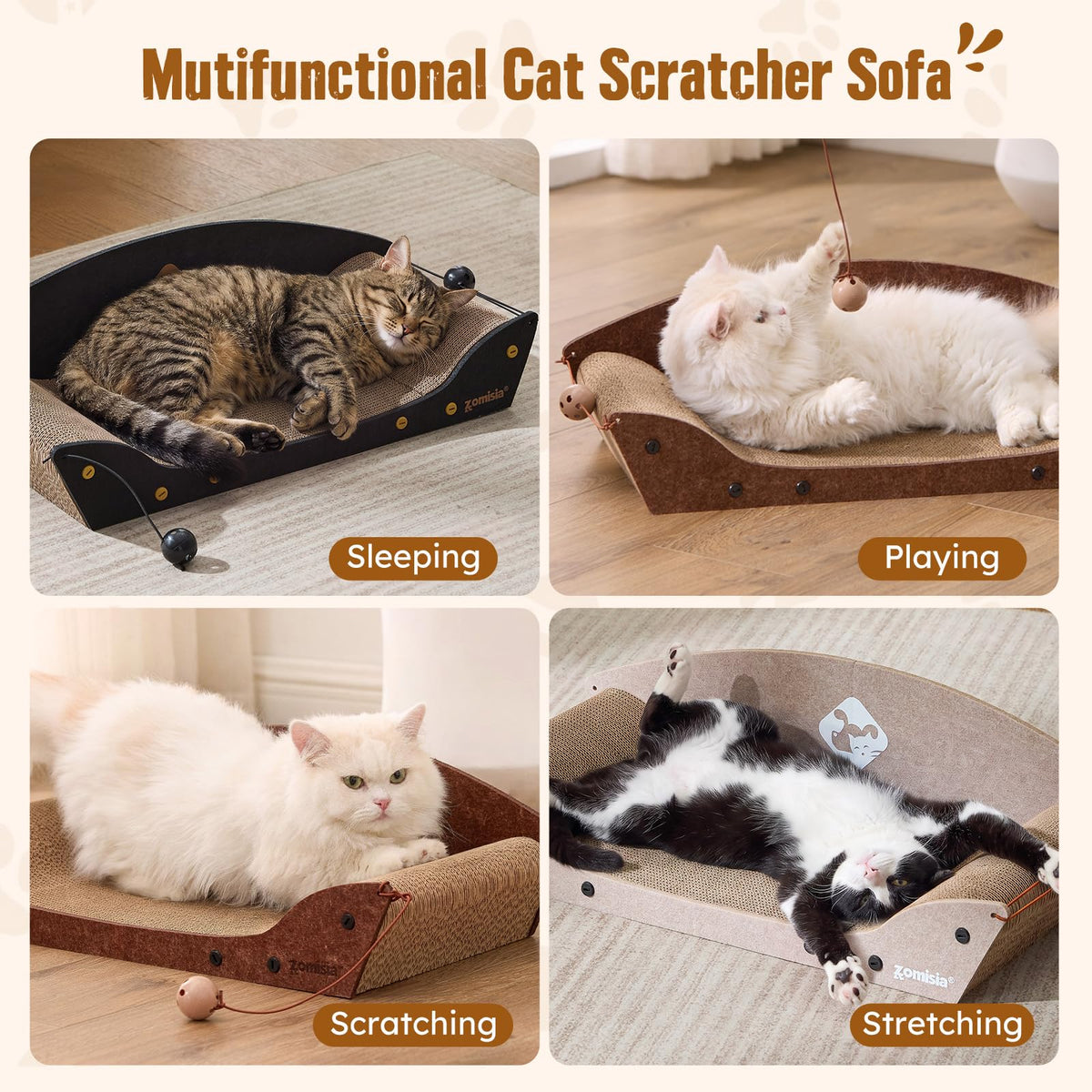 ZOMISIA 26'' Cardboard Cat Scratcher Bed for Indoor Cats, 1PC, Brown