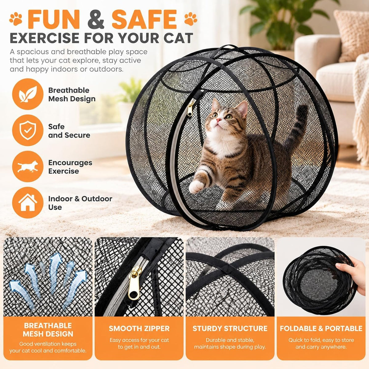 360°Panoramic Rolling Cat Playpen Cat Hamster Ball for Outside，Black-B